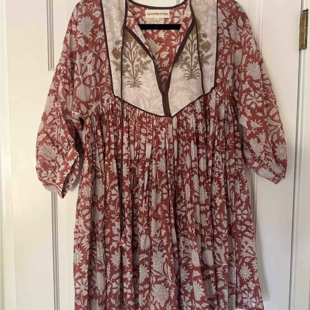 Daughters of India Rust Red Floral Mini Dress with Cream Yoke